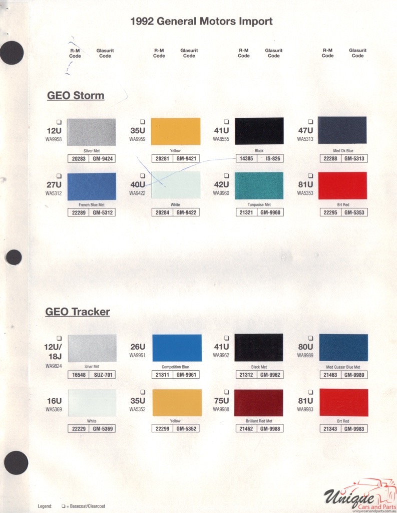 1992 General Motors Import Paint Charts RM 3